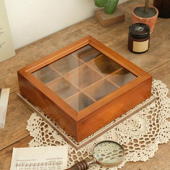 Boîte de Rangement en Bois à 9 Compartiments Boîte de Collection de Roches avec Couvercle en Acrylique Transparent Étui de Rangement Rétro pour Bijoux Cristaux et Petits Objets de Collection