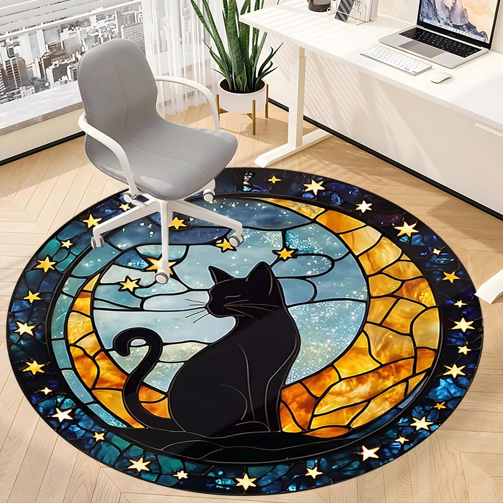 1pc Starry Night Cat Office Round Area Rug, Indoor Mat Suitable ForOffice, Under Office Chairs Bedroom Living Room Home Decor T165