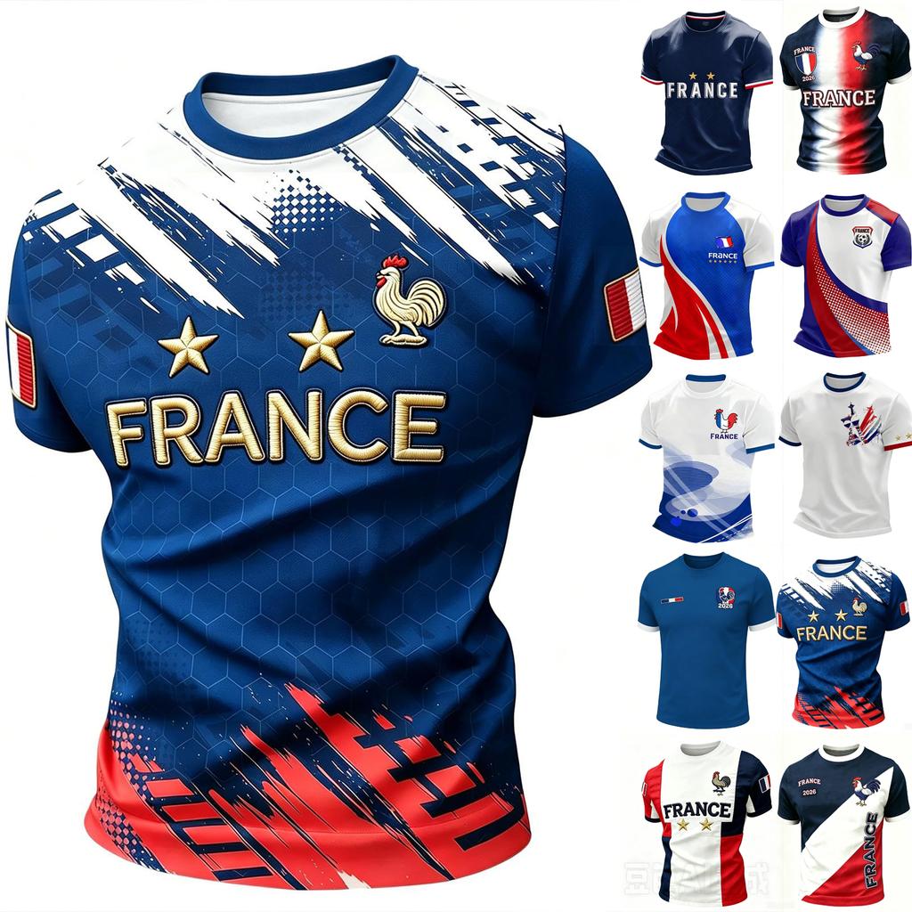 Men's Casual Crew Neck Short Sleeve Pullover T-Shirt Football Fan Jersey World Cup Supporter Top France Design