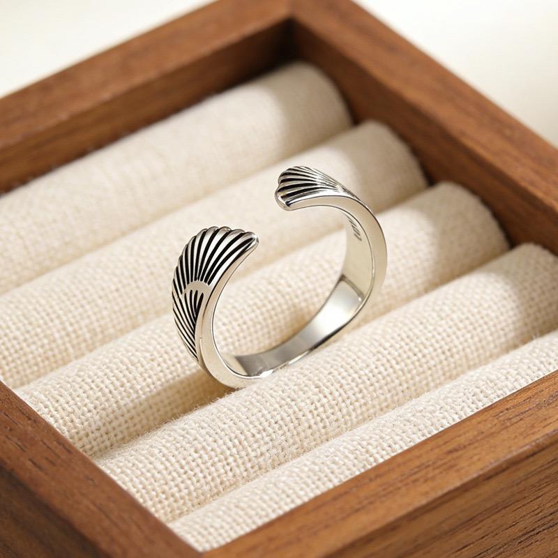 BF CLUB 925 Sterling Rings for Women Simple Geometric Handmade Irregular Retro Wing Shape Ring Allergy For Birthday Gift