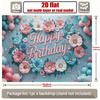 2D Happy Birthday Photography Backdrop, Light Blue Background with Pink Flowers and Butterflies