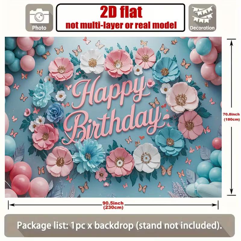 2D Happy Birthday Photography Backdrop, Light Blue Background with Pink Flowers and Butterflies