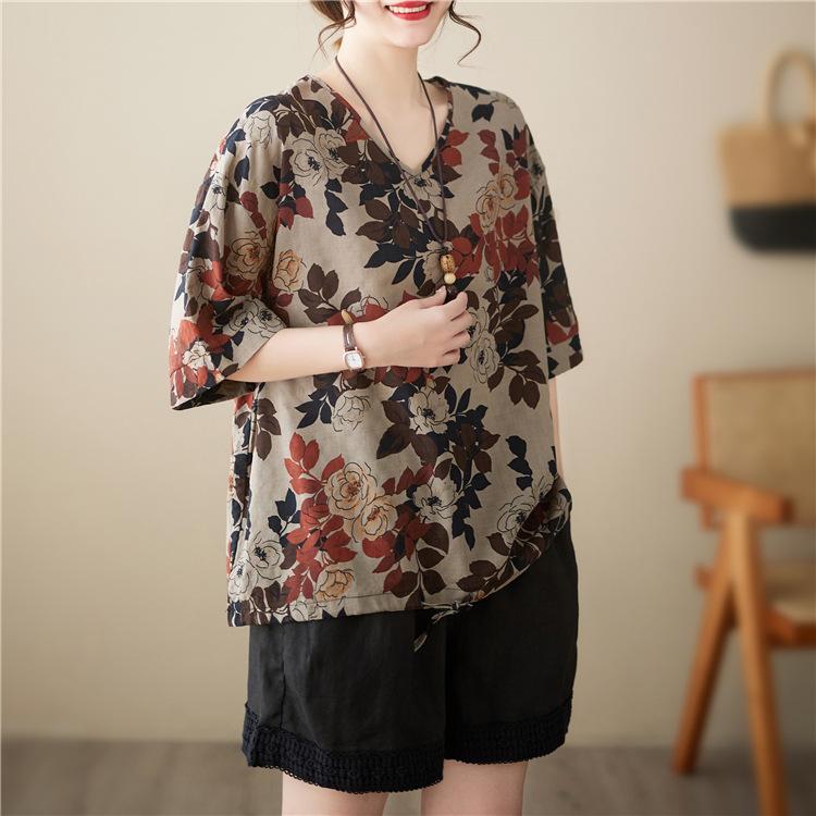 Summer Printed Short-sleeved T-shirt V-neck Cotton and Linen Loose Large-size Women's Top T-shirt Cotton and Linen Shirt