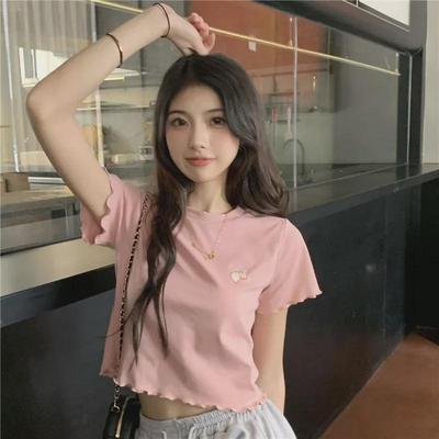 2024 Trendy Embroidered Crop Top – Slim, Short-Sleeve, Ear-Edge Design for Women