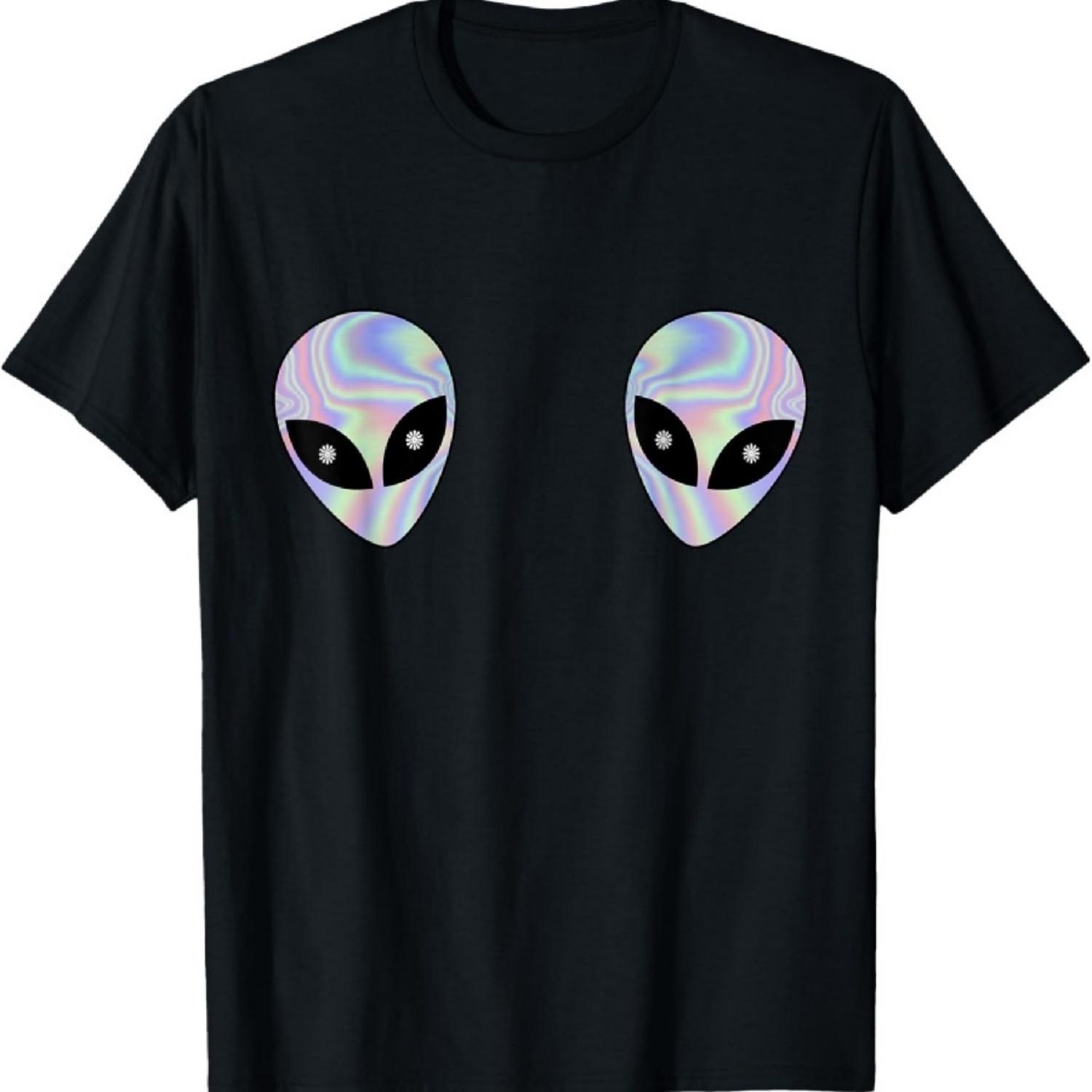 

Alien Heads Boobs Shirt Colorful Rave Ufo Shirt Believe Tee T-Shirt XXXXXL чёрный