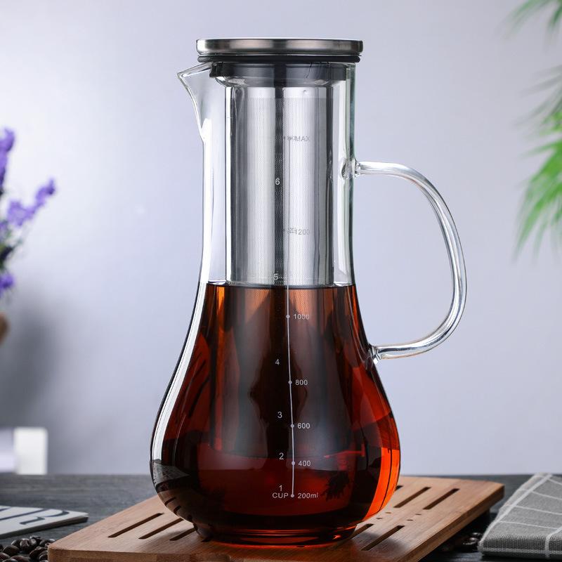 Coffee cold brew pot, car silicone cover sealed glass hand brew coffee pot filter stainless steel filter, cool teapot