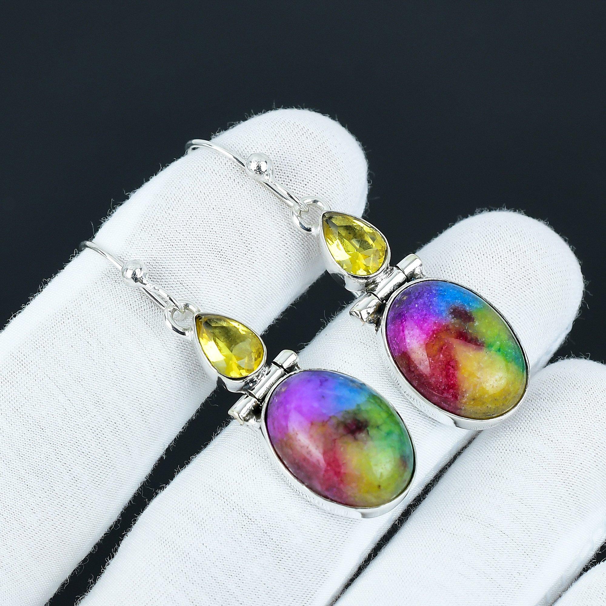 

Серьги с радужным солнечным кварцем и цитрином, серьги из стерлингового серебра 925 пробы, бохо-украшения, серьги-подвески для подарков на годовщину 5.5 Cm