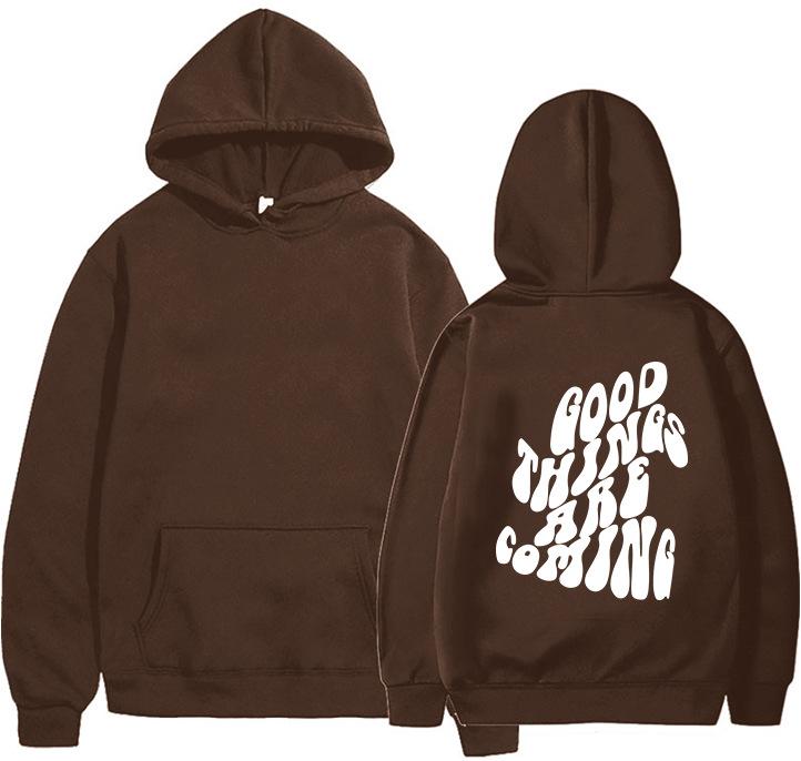 GOOD THINGS ARE COMING Women's Velvet Hoodie Solid Color Letter Printed Kangaroo Pocket Drawstring Printed Hoodie