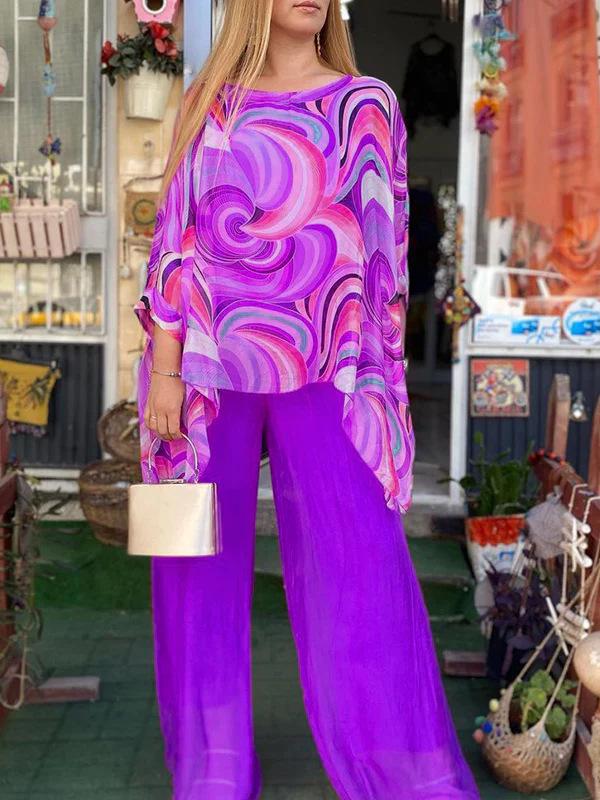 2024 Colorful Chiffon Casual Print Round Neck Two-Piece Summer Set