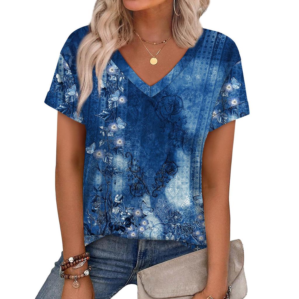 Women's V Neck Short Sleeve Casual Top Lightweight Loose Fit Pullover Blouse with Printed Pattern for Spring Summer Wear
