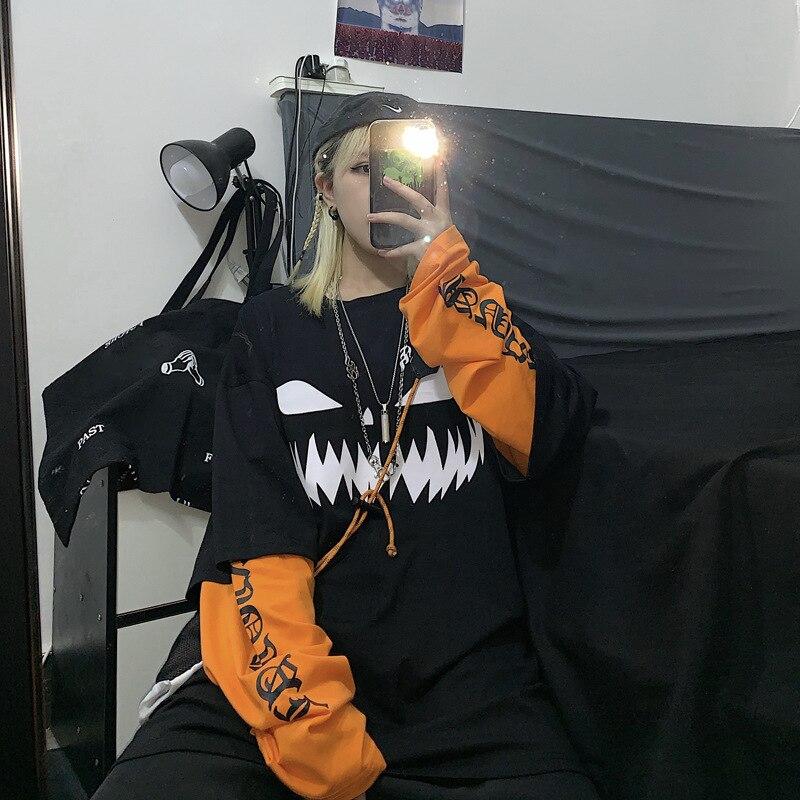 

Harajuku тыква аниме принт футболка с буквенным рисунком лоскутная Повседневная футболка с длинным рукавом женская уличная одежда винтажные топы Y2k