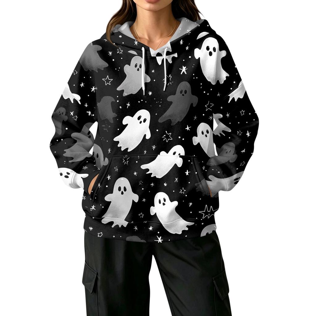 Women's Fashionable Casual Halloween Print Drawstring Hooded Pullover with Pockets