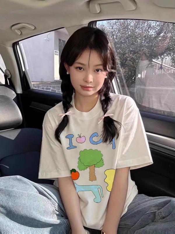 Women's Oversized White Cotton Short-Sleeve T-Shirt, Summer 2025 Trend, American Style, Casual Loose Fit