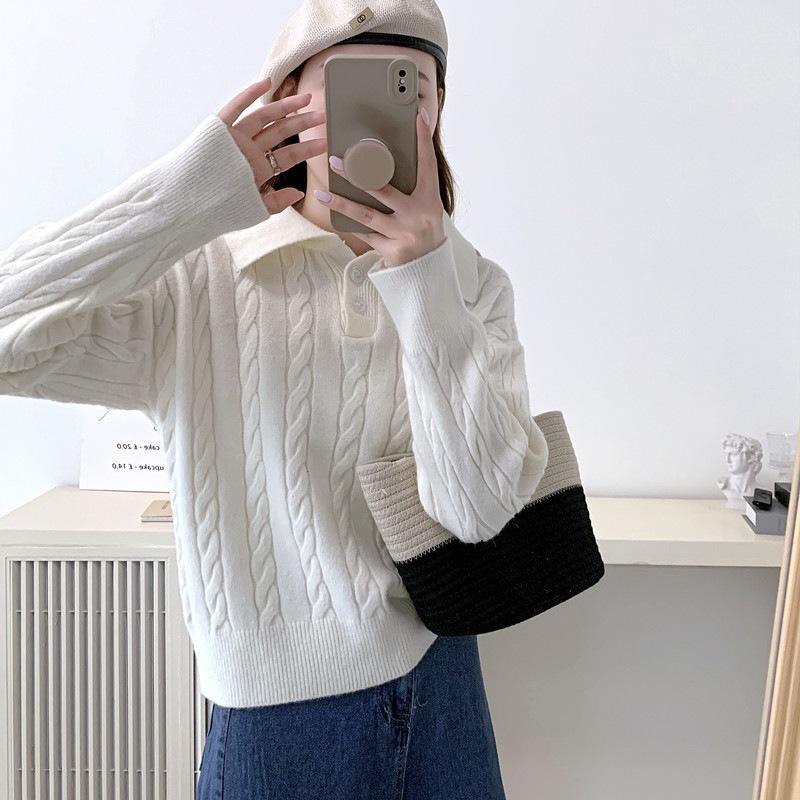 Women's Sweater POLO Collar Autumn and Winter Vintage Loose Pullover Sweater Knitted Top for Women