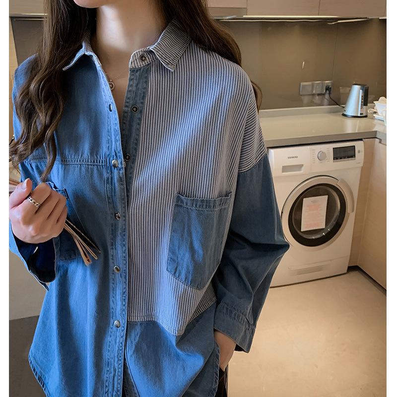 Women's Retro Denim Shirt Jacket - Long Sleeve, Loose Fit, Autumn 2023 Hong Kong Style Fashion.