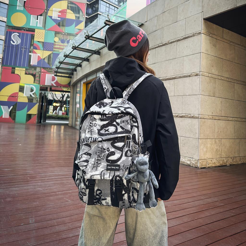 Schoolbag Street Trend Backpack Graffiti Printing Student School Bag Large Capacity Bag Travel Leisure Burden Reduction Ridge Protection