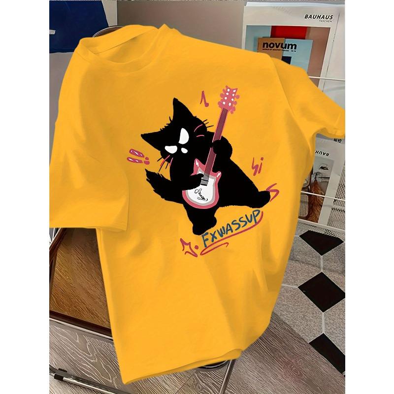 Europäische Größen Rock Elektrische Gitarre Aufdruck Kurzarm T-Shirt für und - Sommer Trendiges Lockeres Freizeit Oberteil, Freizeitkleidung, Sommer Outfit,