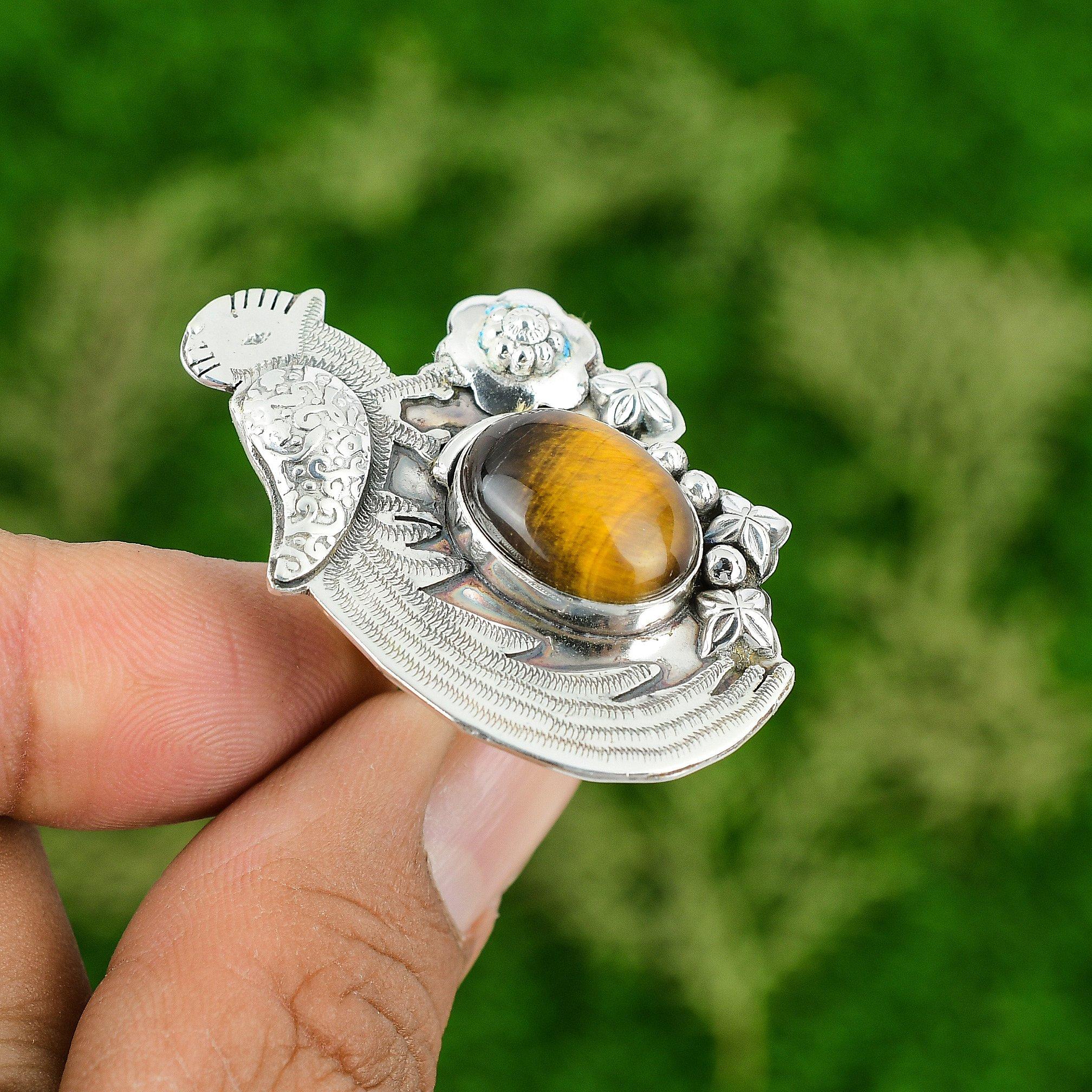 

Natural TigerS Eye Gemstone 925 Silver Promise Bird Adjustable Ring For Girls Adjustable