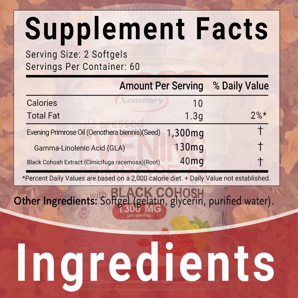 Evening Primrose Oil 1300mg Per Serving, Enhanced with 40mg Black Cohosh Extract, Cold Pressed – 10% Active GLA, Non-GMO, No Gluten