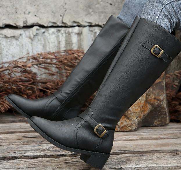 Damskie buty do kolan modne niskie obcasy kwadratowa platforma długie buty brązowe czarne skórzane zamki zimowe damskie ciepłe buty botki 69m