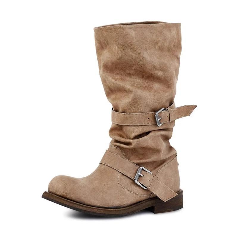 Vintage Platform Buckle Stylish Motorcycle Women Square Toe Chunky High Heel Mid-Calf Shoes Retro Biker Boots