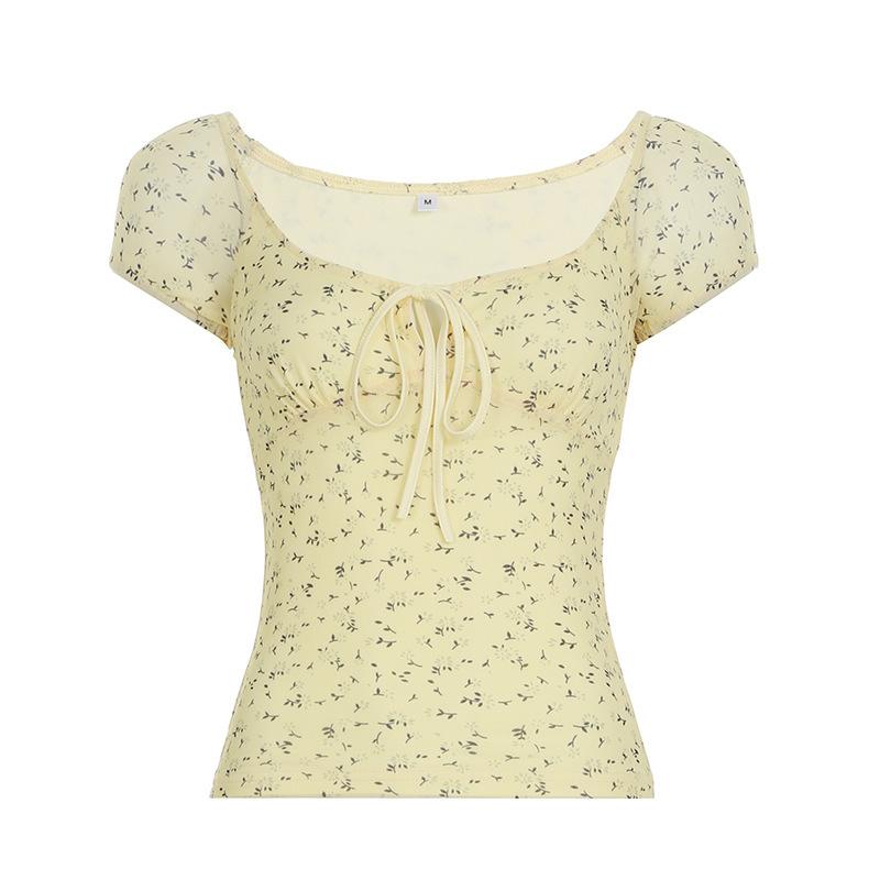 Yellow White Floral Short-sleeved T-shirt Female Sexy V-neck Hollow Strap Girl Age-reducing Bottoming Shirt