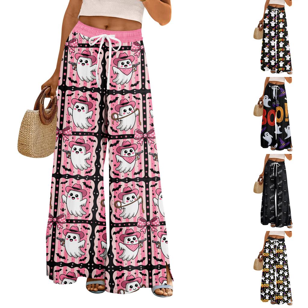 Women Summer Boho Palazzo Pants High Waist Wide Leg Halloween Printing Casual Trousers With Pockets