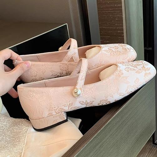 Fashion Flat Shoes for Women 2025 Spring and Autumn Pearl Square Toe Jacquard Mary Jane Shoes Ladies Loafers Women Zapatos De Mujer