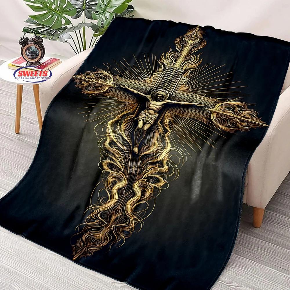 1PC Warm and Cozy Flannel Blanket, Cross Jesus Blanket, Sofa Bedroom Office Leisure Nap Cover Blanket, Machine Washable Blanket