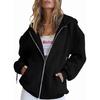 2023 Trendy Women's Solid Color Zipper Hooded Cardigan Jacket with Pockets