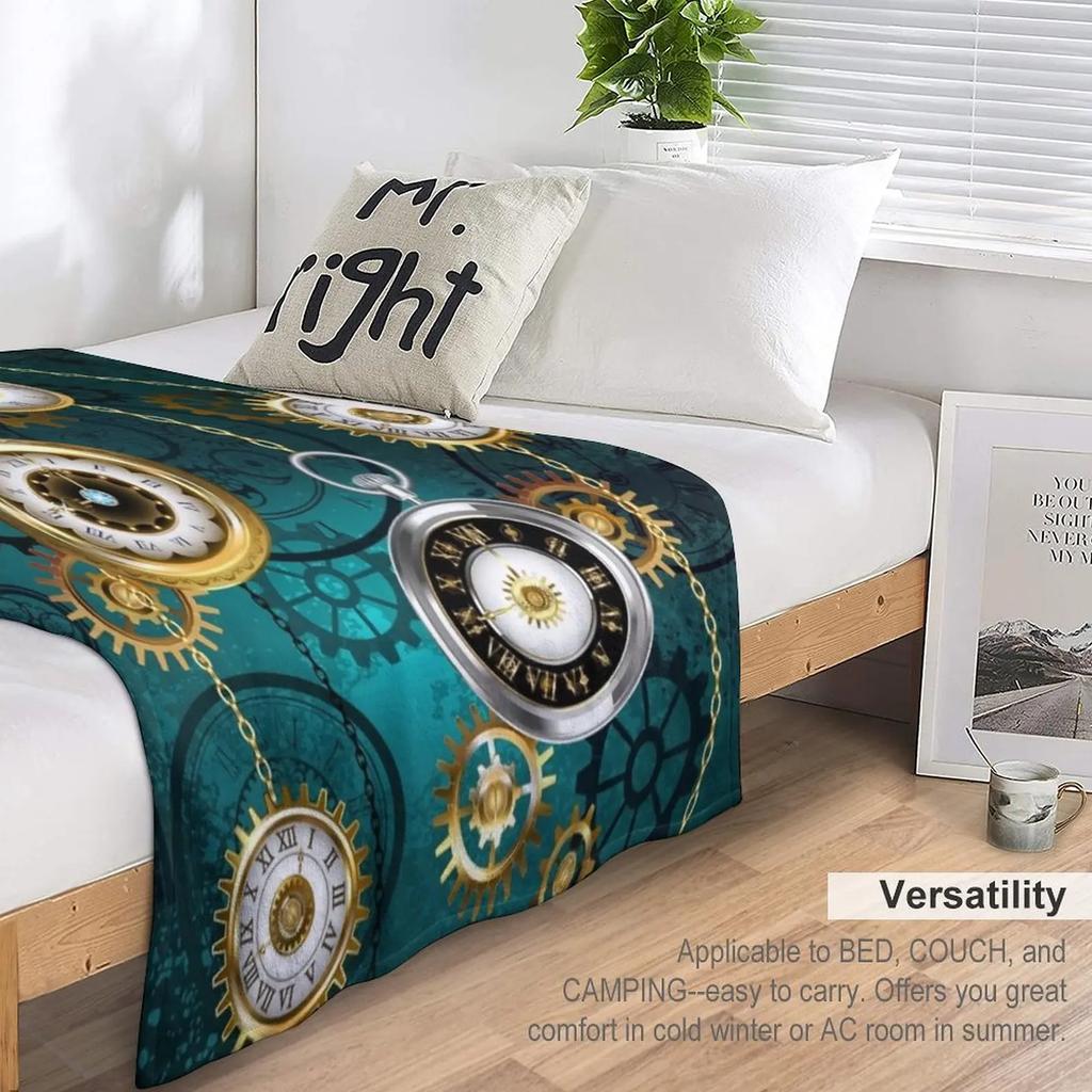 Steampunkowy Zegarek z Łańcuszkami na Zielonym Tle Koc Koc na Kanapę Dekoracyjny Koc na Kanapę