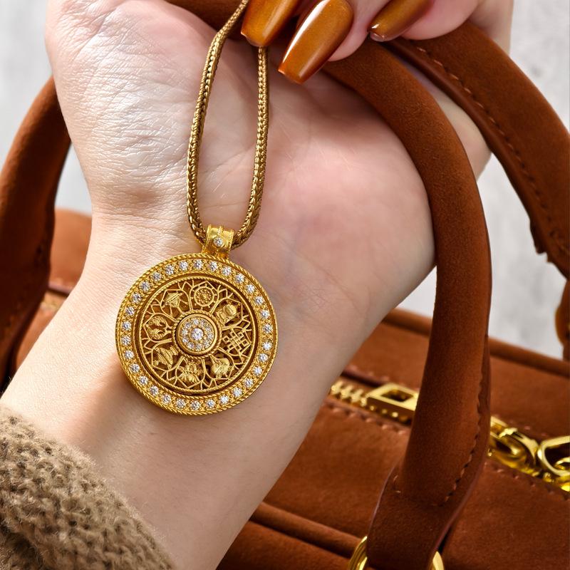 2025 Women's Ancient Gold Eight Treasures Compass Necklace with Braided Rope Chain
