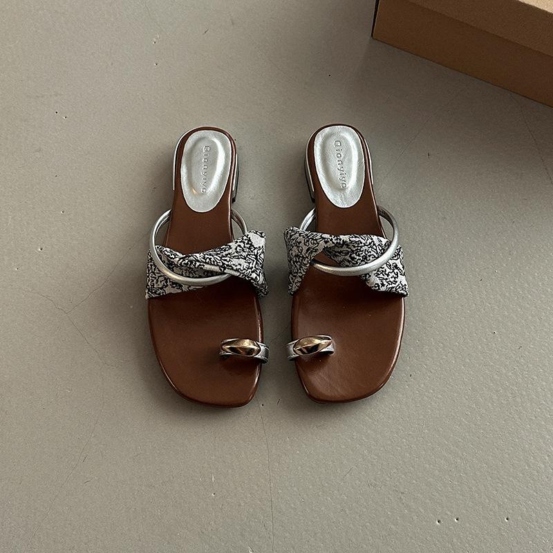 

French retro slippers floral color matching set toe cool slippers summer fashion one-word flat shoes slope heel cool slippers 40