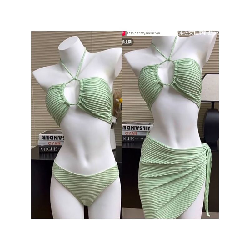European and American Sexy Bikini Three-Piece Set Female Halterneck Pure Color Separates Swimsuit Beach Vacation Swimsuit Swimsuit