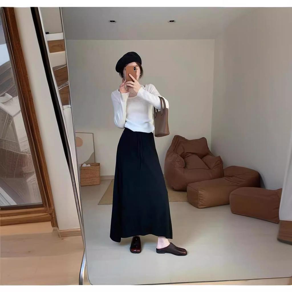 Autumn and winter new solid color minimalist elegant knit midi skirt for women, elastic waist pleated umbrella skirt, knitted long skirt for women