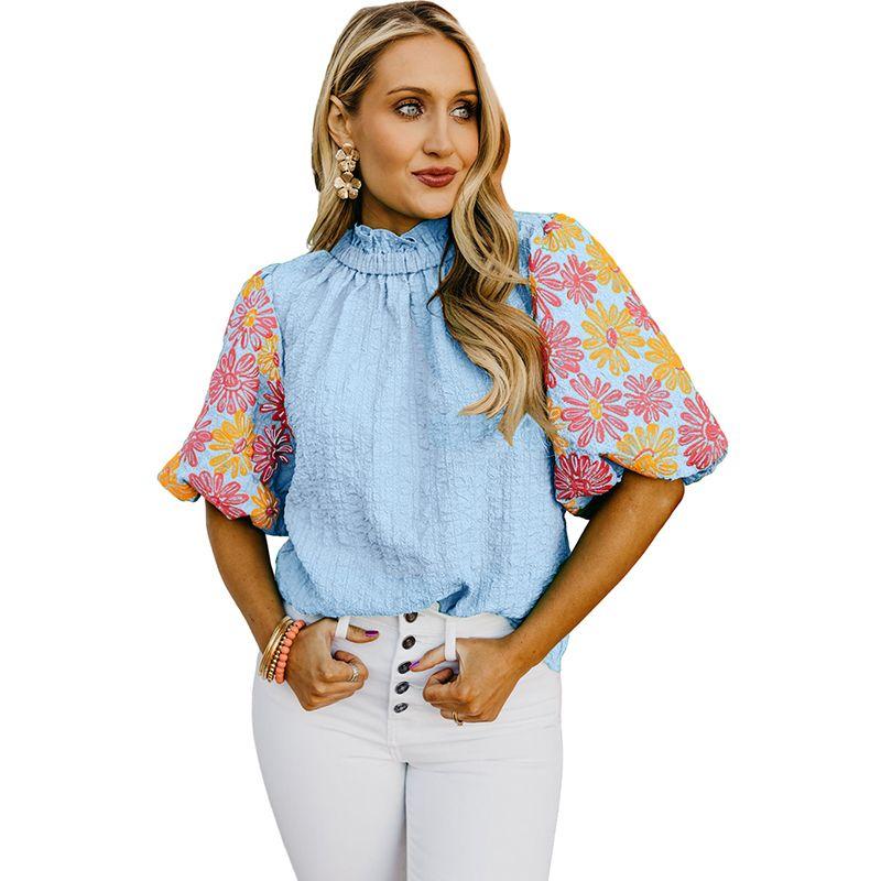 

2025 Summer New Arrival Florals Print Puff Sleeves Chiffon Shirt Women Fashion Fashion Stylish Half Sleeve Shirt Women Light blue P1204 Size S fit (45.00 kg-55.00 kg