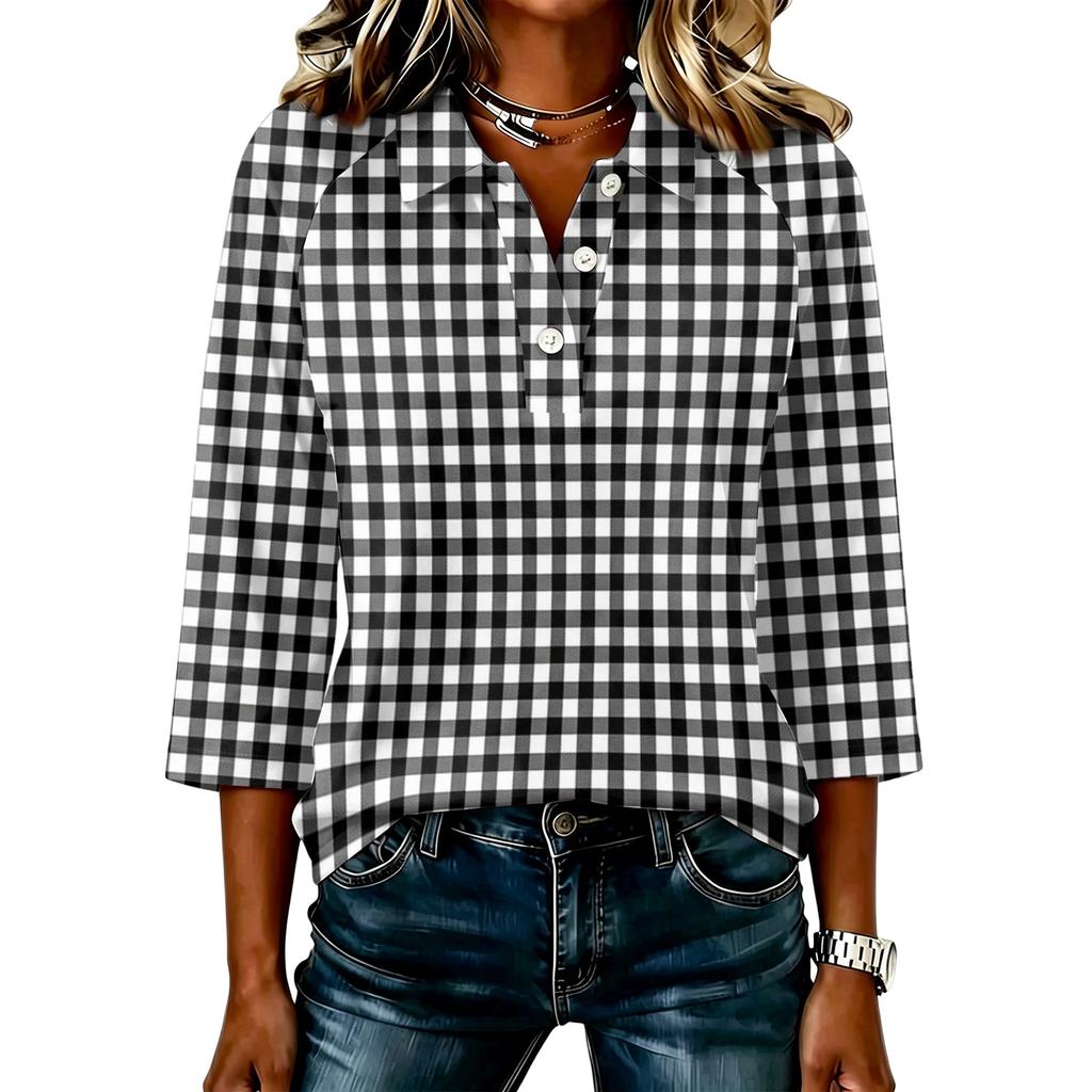 Camicia Casual da Donna a Maniche 3/4 Patchwork Stampa a Quadri Bottoni Collo Camicia Vestibilità Comoda Top Leggero per l'Uso Quotidiano
