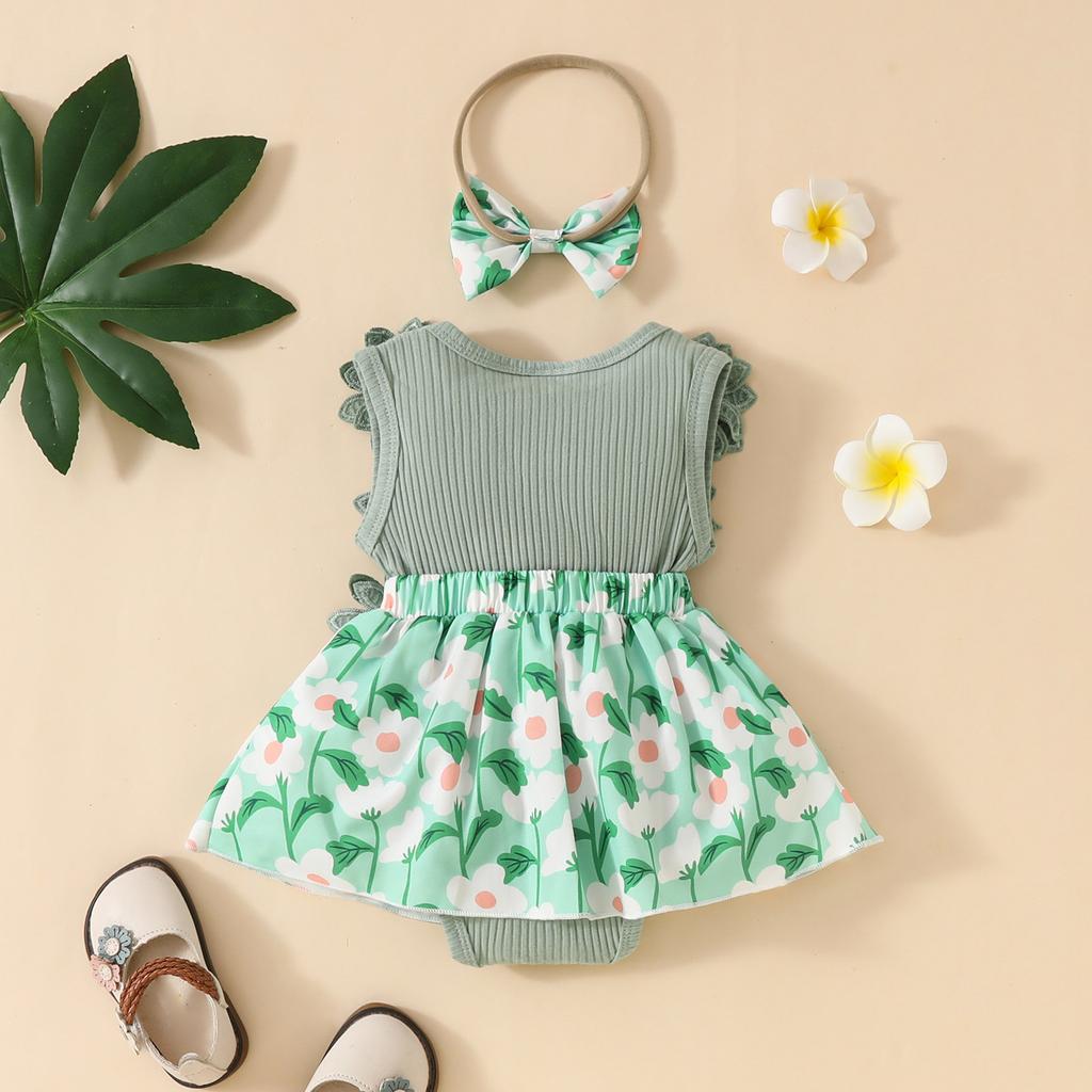 Baby Girl Sleeveless Lace Floral Bowknot Romper Dress with Headband Toddler One-piece Outfit Summer Style