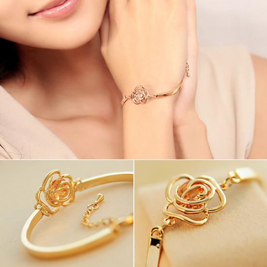 Women Golden Flower Crystal Rose Bangle Cuff Chain Bracelet Chic Jewelry Present