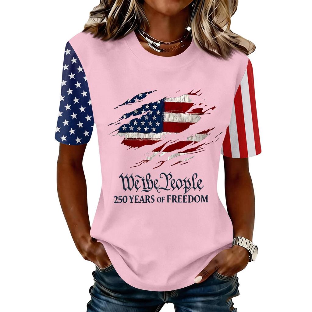 Blusa Feminina da Moda Casual de Manga Curta com Estampa e Gola Redonda