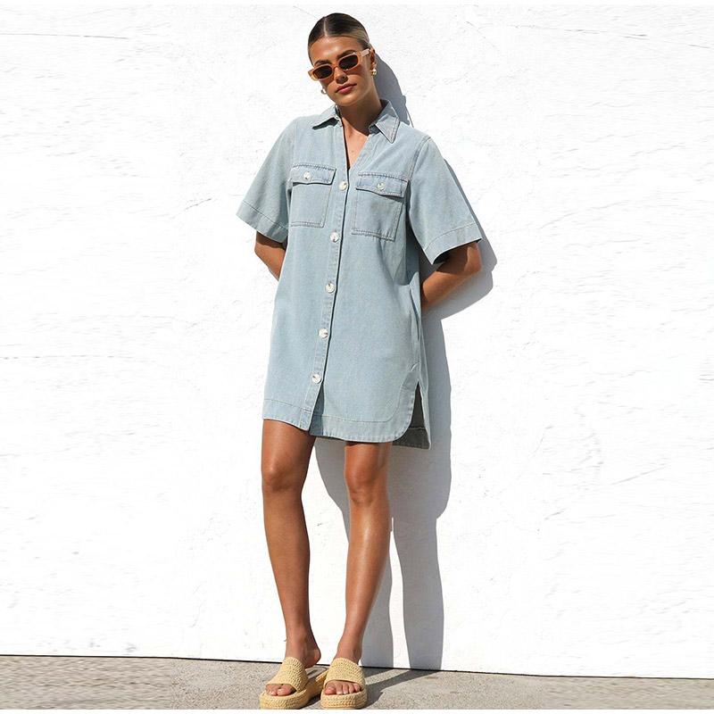 Spring Summer Denim Shirt Dress 2025 Women's Casual Loose Single Breasted Dress Simple Retro Commuter Female Office Denim Short Dresses