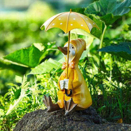 Yousheng Holding Umbrella Duck Statue Outdoor Garden Yard Yellow Umbrella Duck Figurine Resin Animal Sculpture Home Office Decoration Ornament