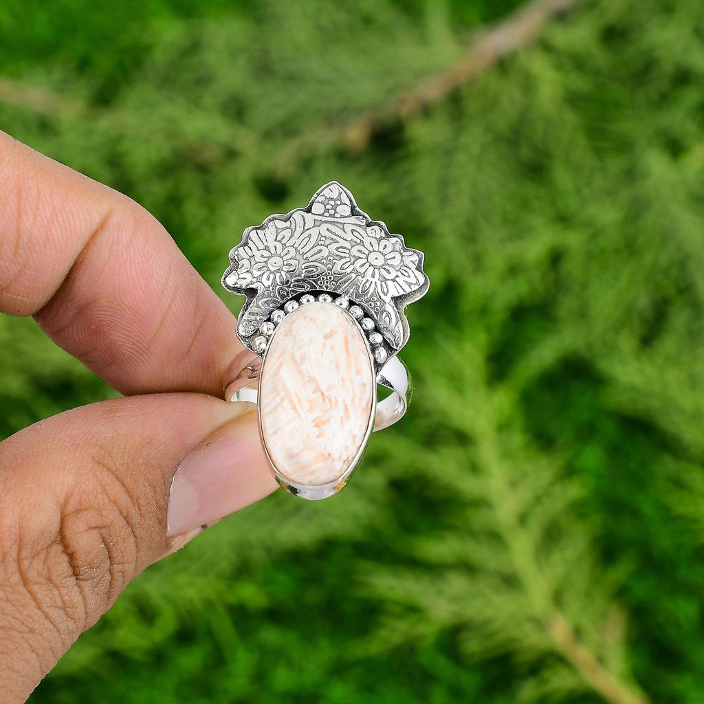 Easter Sale 925 Sterling Silver Oval Scolecite Stone Stackable Statement Ring