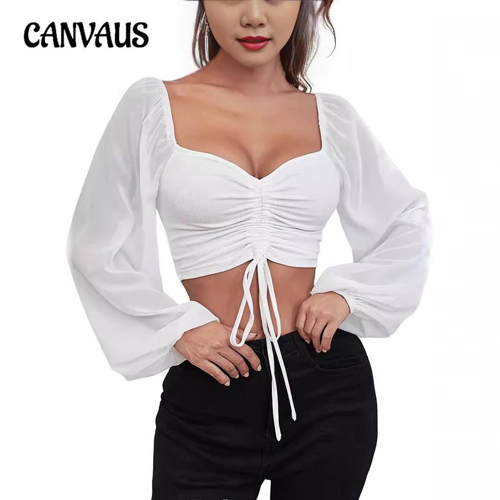 Spring Women's Blouse Low-cut Sexy V-neck Splicing Chiffon Drawstring Lantern Sleeve Slim Tops