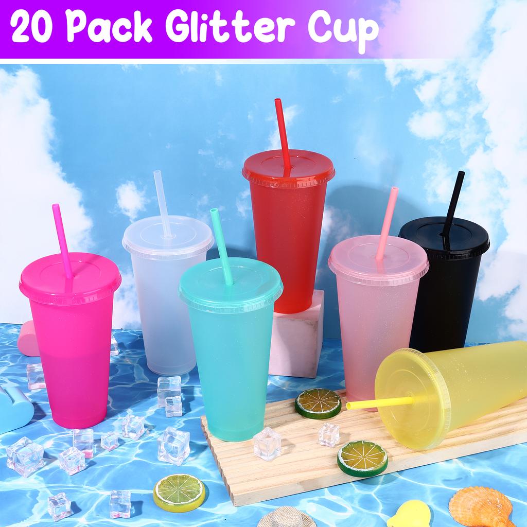 20 Unidades Copos Agradecimento Atacado 24 Oz Copos de Plástico Inspiradores Glitter Copos Reutilizáveis Com Palha E Tampa Água Café Gelado B