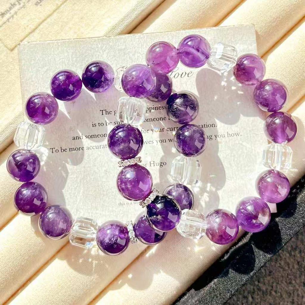 Retro Hoge Kwaliteit Natuurlijk Grote Deeltjes 12 mm Amethist Witte Kristal Armband Armband.