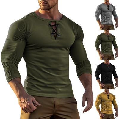 Men'S Outdoor Retro Round Neck Button Up Long Sleeved Fashionable Sports T-Shirt