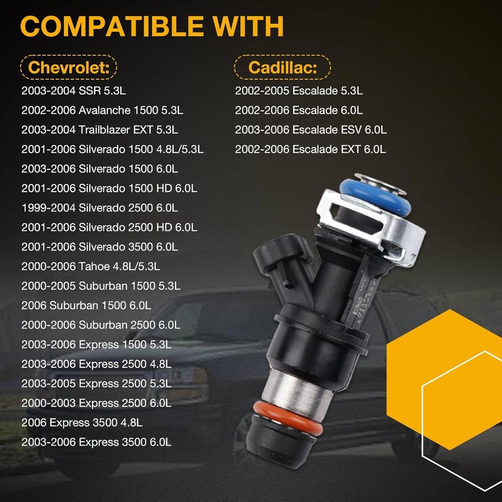 4.8 5.3 6.0 Fuel Injector 4 Holes 8Pcs, Compatible With 1999-2006 Chevrolet Silverado Suburban Tahoe Cadillac Escalade GMC Sierra Yukon Isuzu Hummer