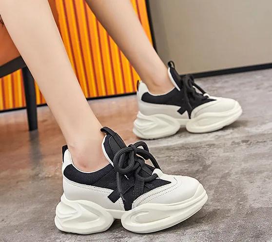 Height Increasing Women's Shoes Spring New Product Cowhide Thick Soled Shoes for Women's Casual Sports Shoes Platform Sneakers