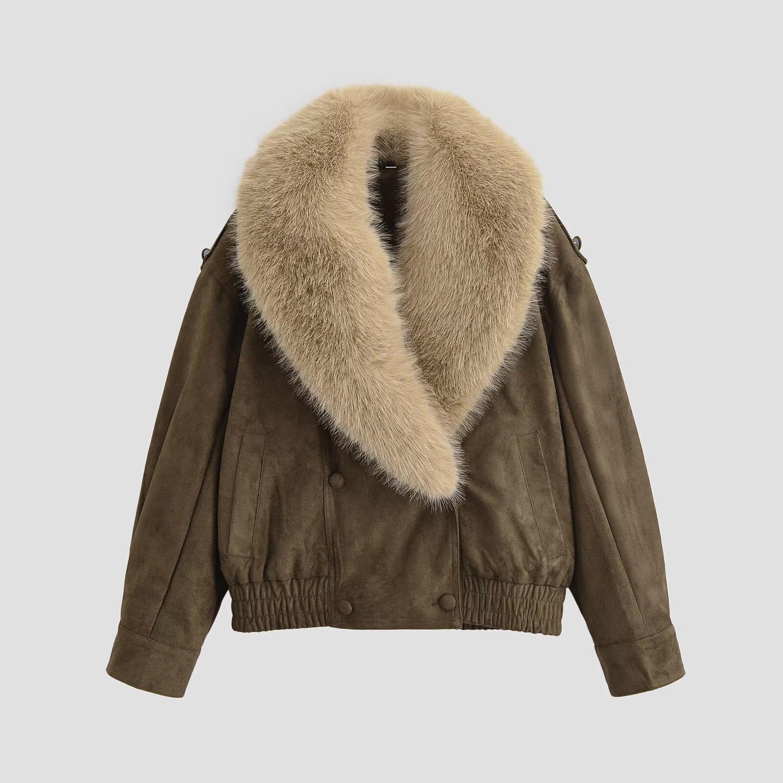 

European & American Women s Fur Collar Leather Jacket Coat - Hot Selling Medium коричневий